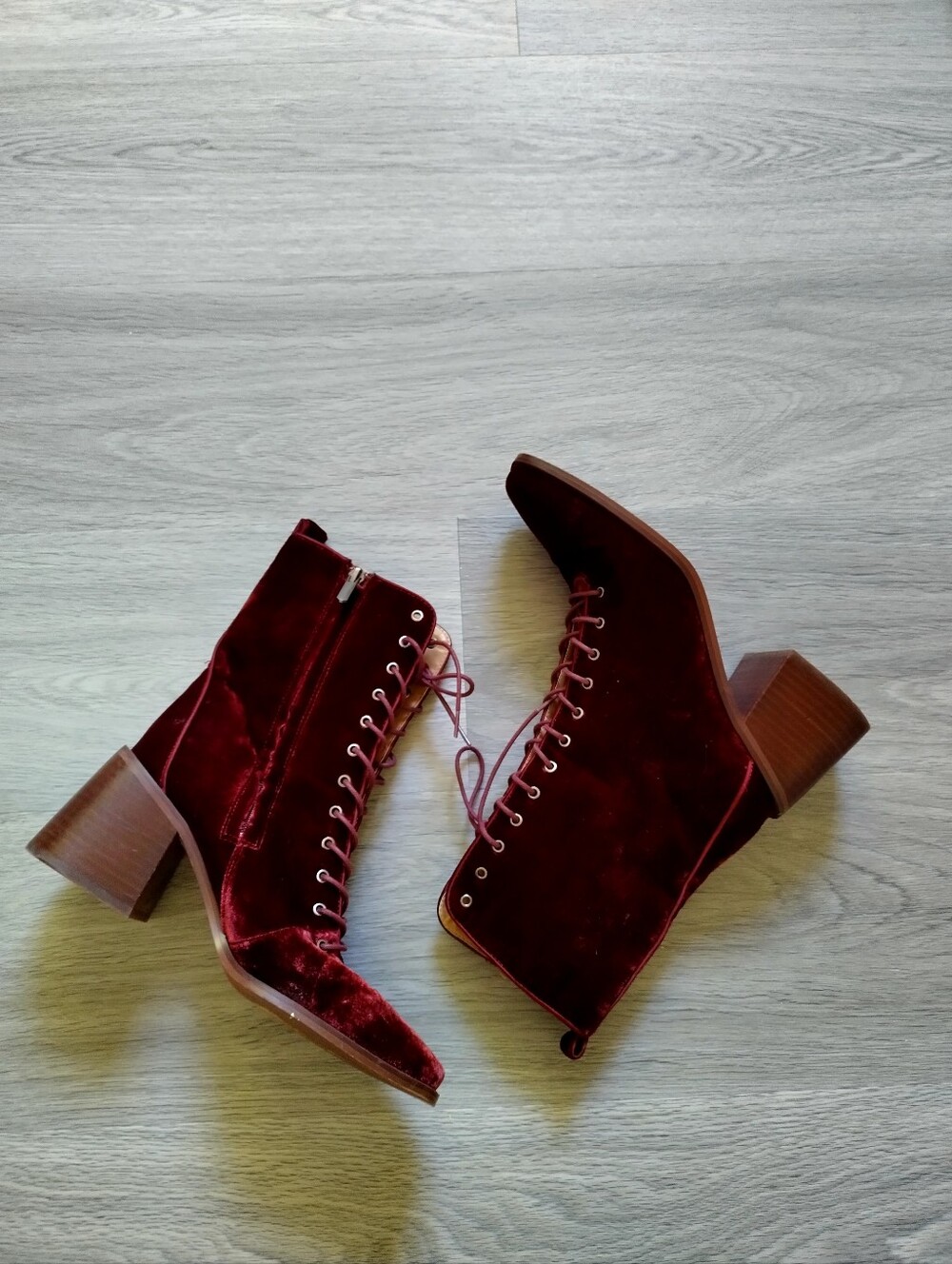 Sam Edelman Westie Brick Velvet Block Heel Squared Toe Lace Up Boots Sz 7,5